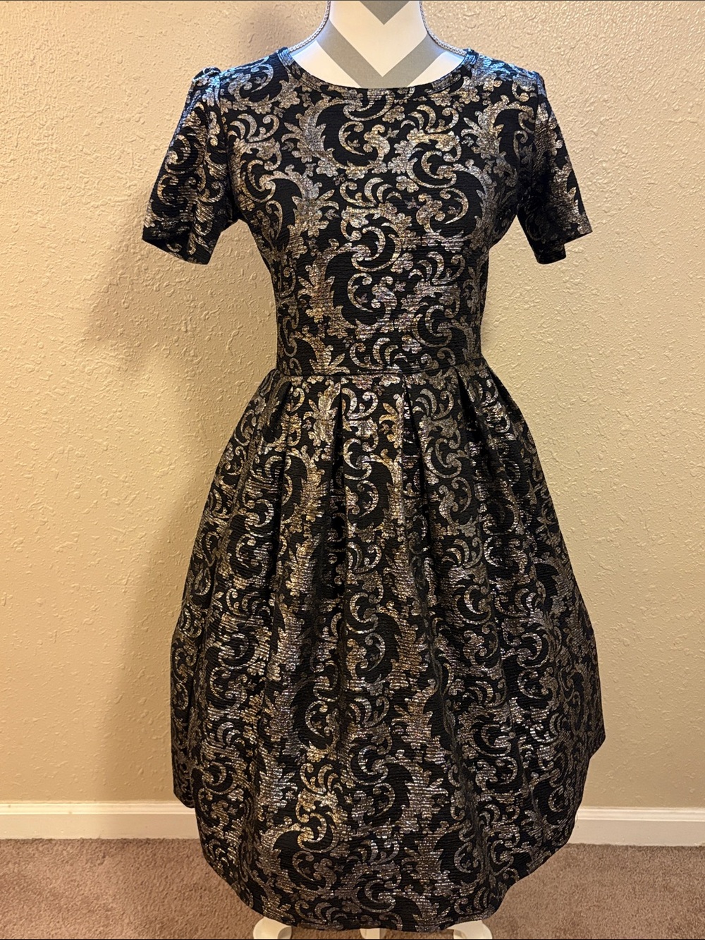 LuLaRoe Black, Silver & Gold Metallic Fit-and-Flare Dress size L